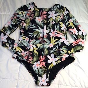 Kona Sol Large Long Sleeve Floral Medium Seat Coverage One Piece Swim Suit, New!